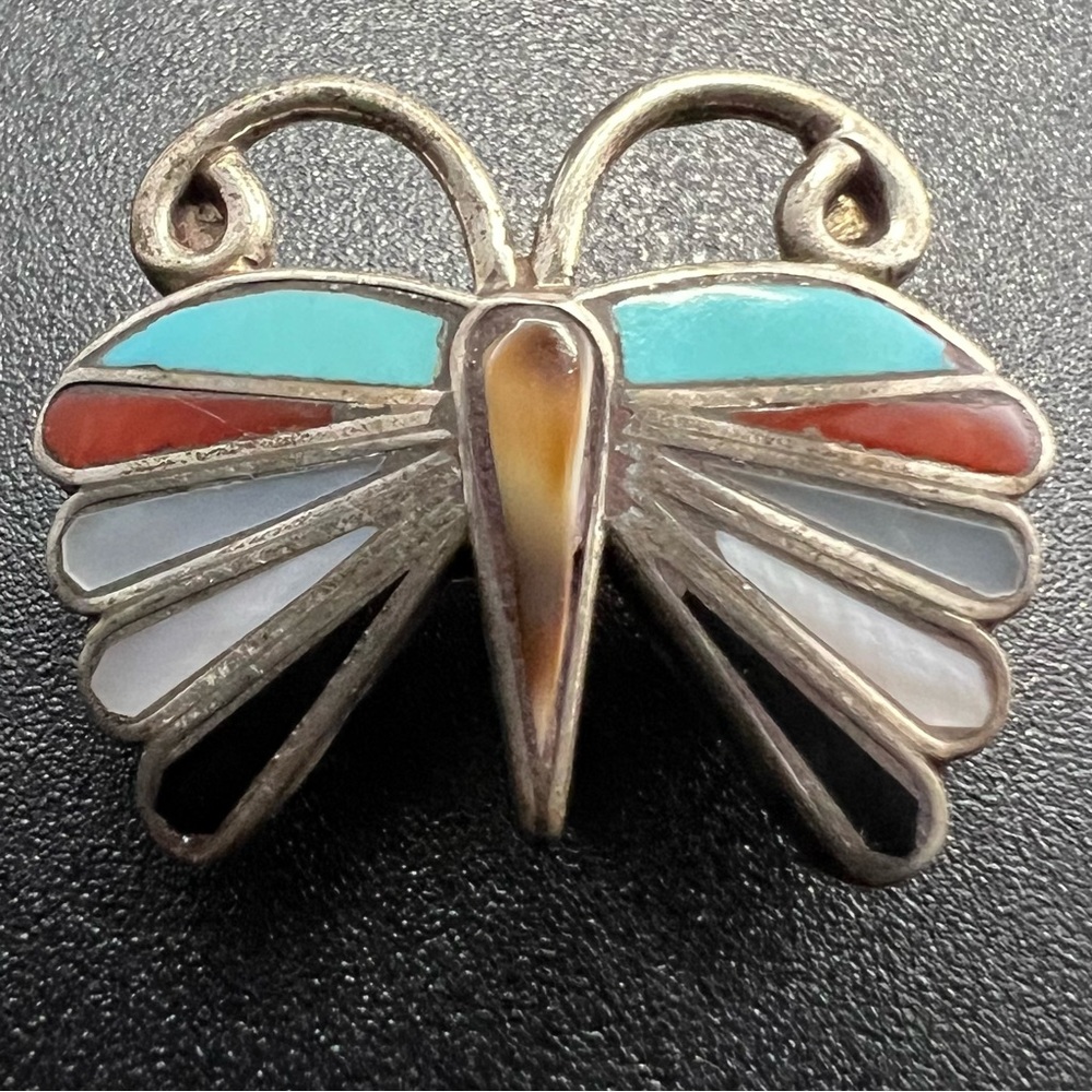 Vtg Artist Signed Emma Edaakie Zuni Butterfly Inlay Brooch Pendant